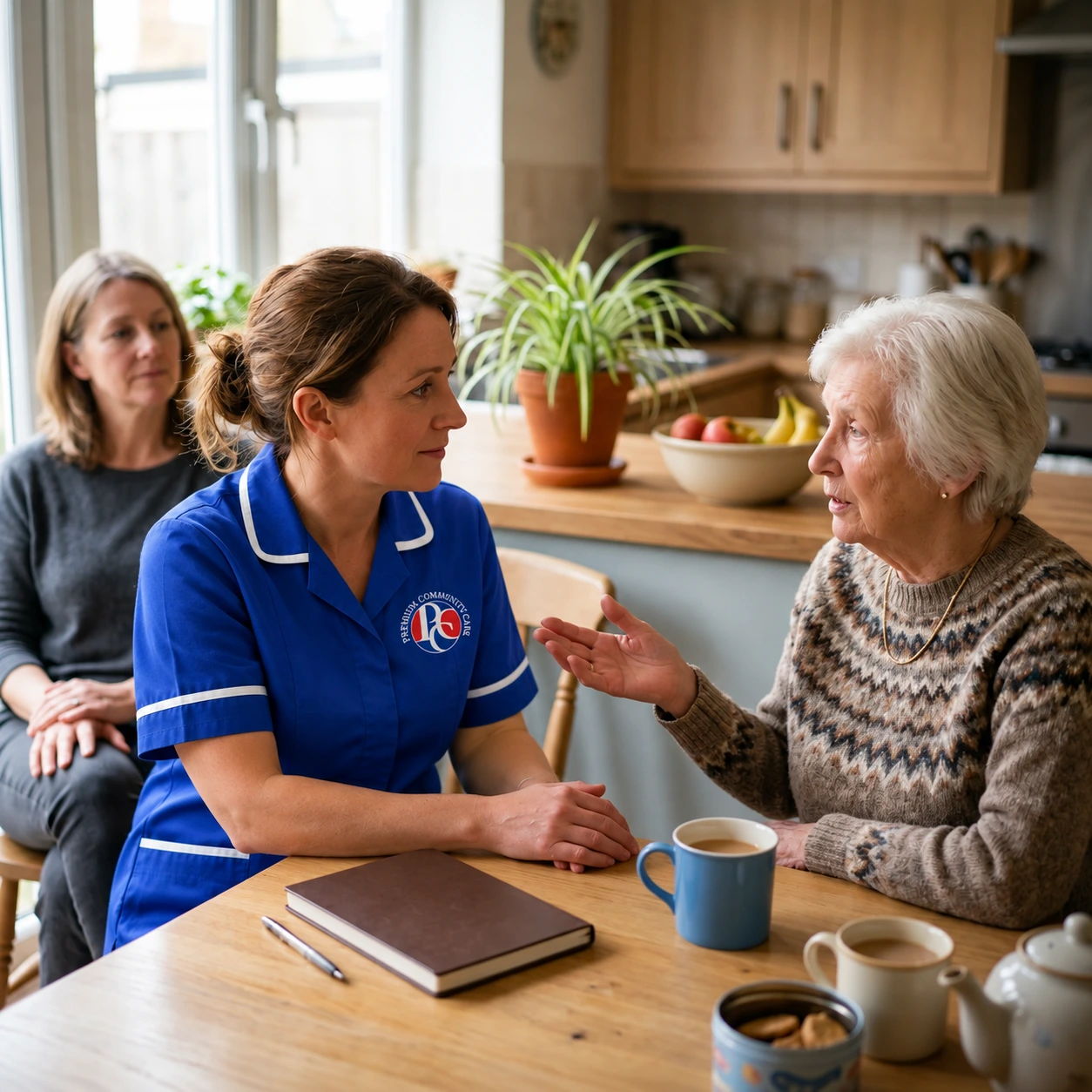 A care team member listening to feedback from a person receiving care.