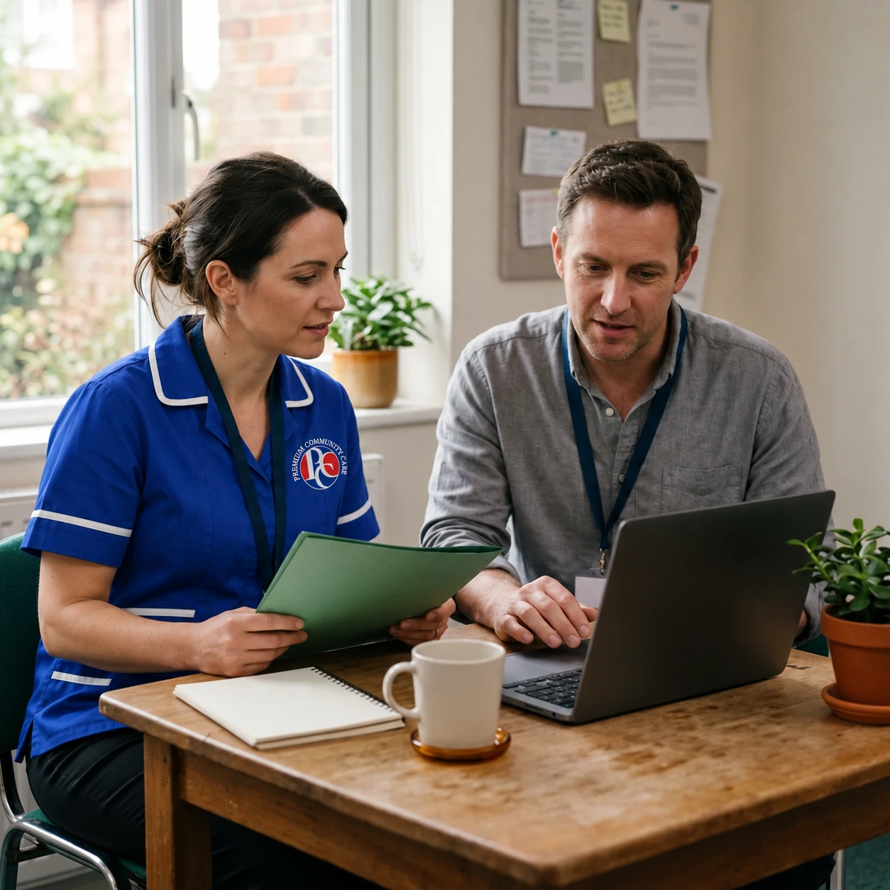 A care team member discussing a referral with a professional.